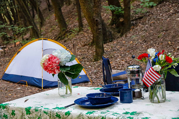 Table set for camping with American flags