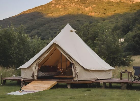 glamping setup with the mountains behind