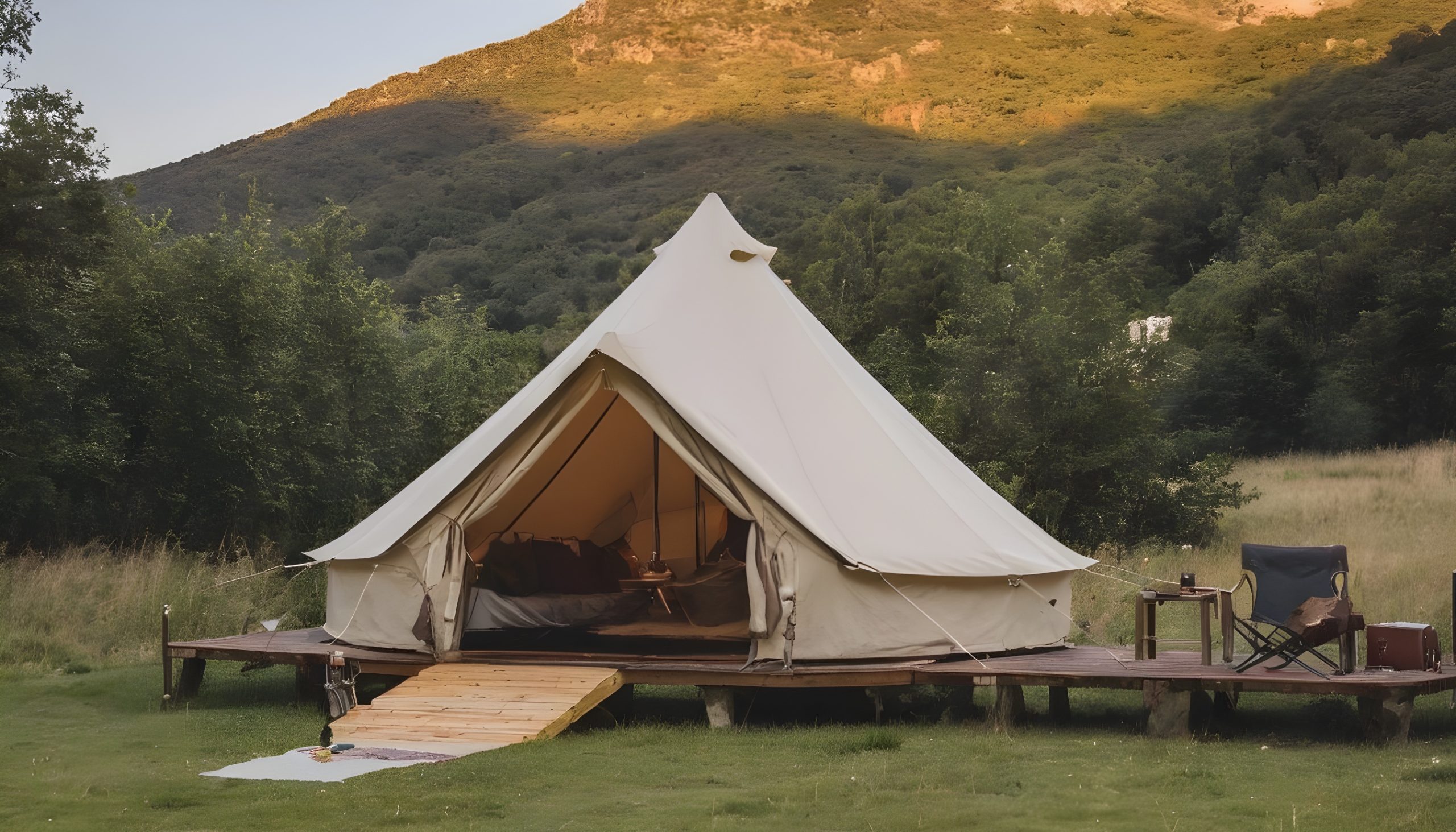 glamping setup with the mountains behind