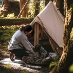 women enjoying outdoors - camping with dog
