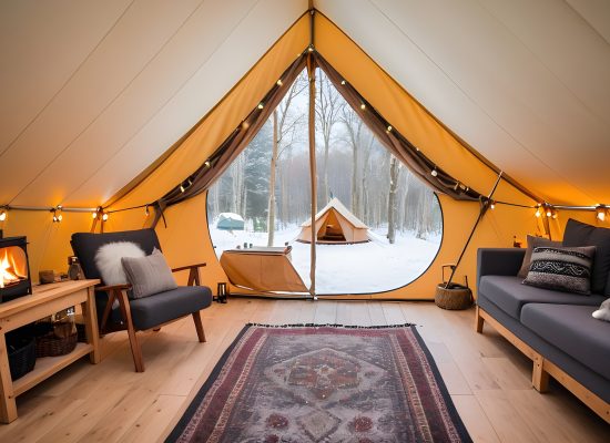 luxury glamping setup in winter for cozy experience