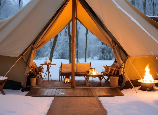 cozy glamping setup in snow for luxury experience