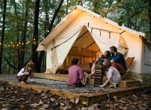 family enjoying outdoors in glamping tent