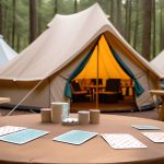 glamping tent setup with card games on the table