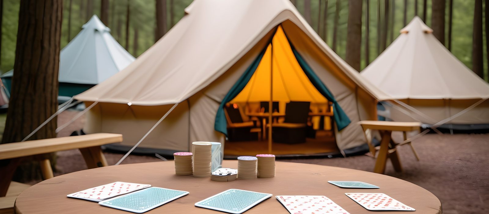 glamping tent setup with card games on the table