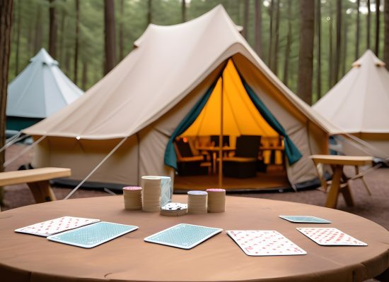glamping tent setup with card games on the table
