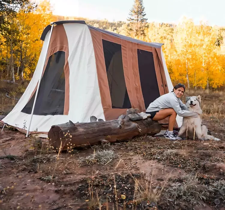 women enjoying solo camping with dog