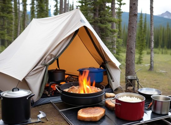cooking ona tent stove while camping in the nature