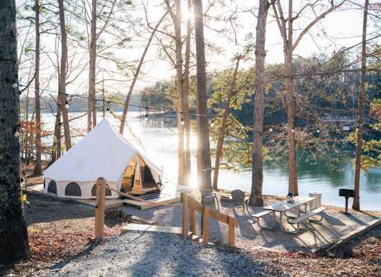 beautiful bell tent setup for glamping near the lake