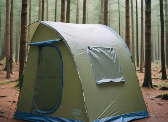 camping shower tent in forest