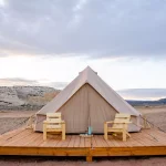 beautiful bell tent setup with perfect platform deck for camping
