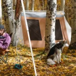 man enjoying outdoors with dog. camping with cabin tent