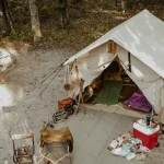 wall tent setup for camping with kitchen setup