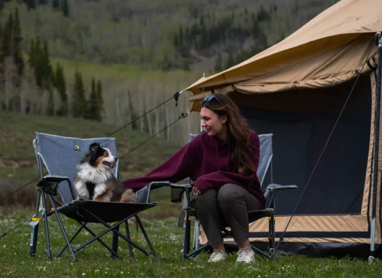 women enjoying outdoors with dog - yurt tent camping
