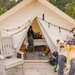 couple enjoying canvas tent camping with dog