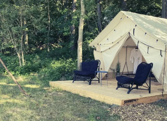 wall tent setup on tent pad for camping