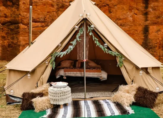 beautiful bell tent setup with accessories for perfect camping