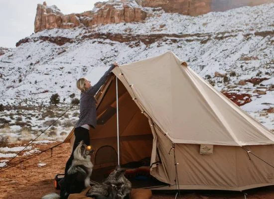four season tent setup in snow