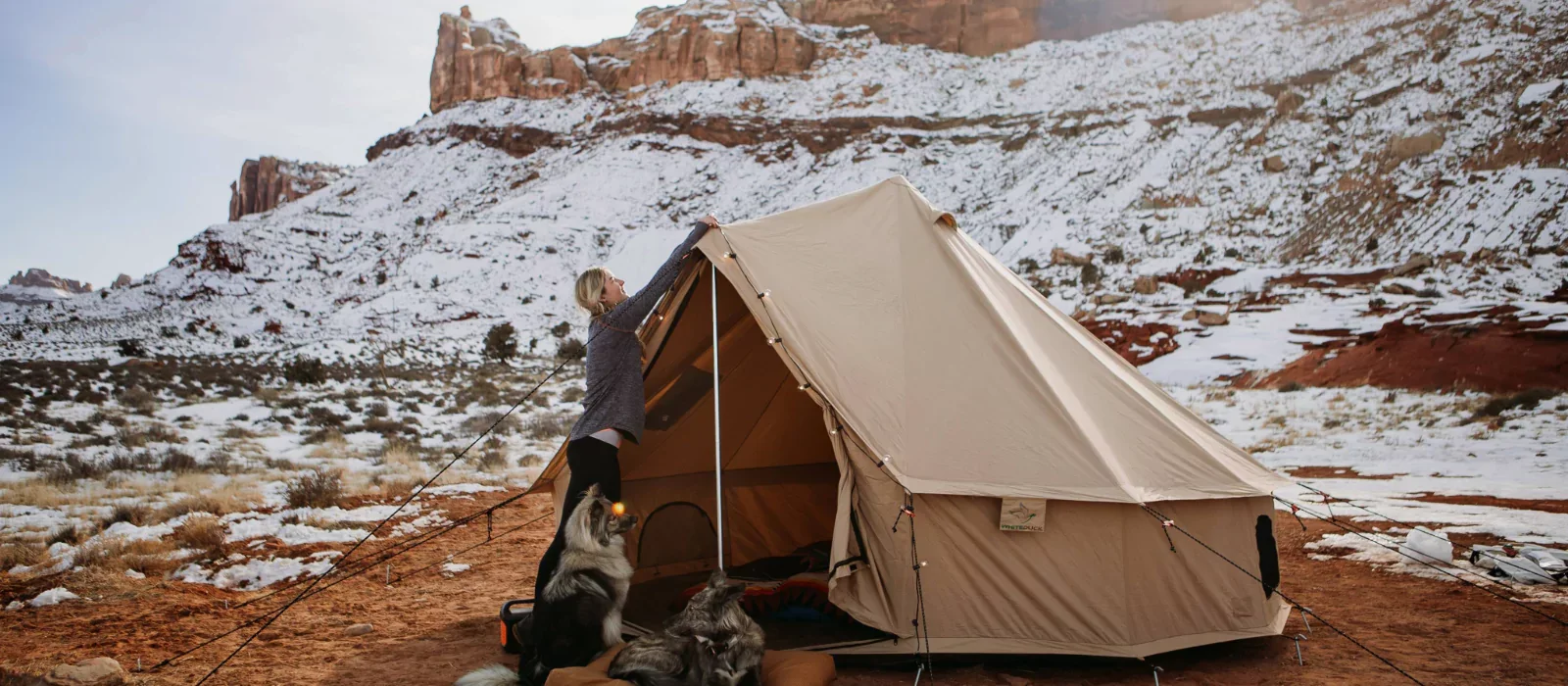 four season tent setup in snow