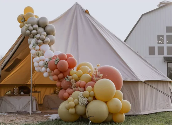 party tent setup with balloons for birthday event