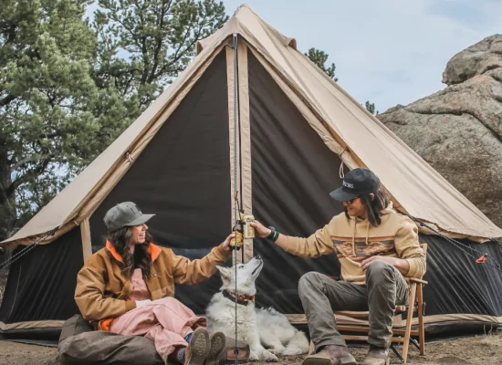 friends enjoying camping with dog