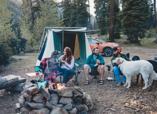 friends enjoying outdoors with dog