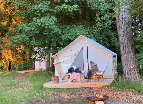 Wall tent glamping in the forest