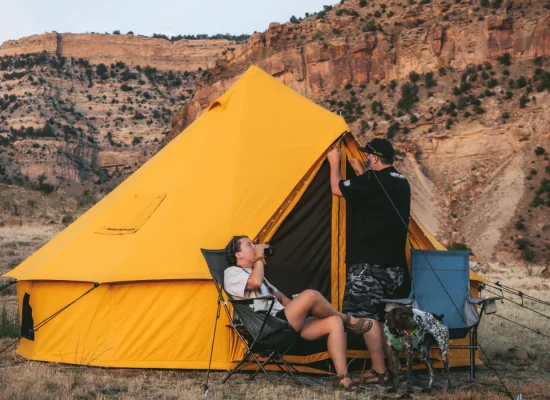 regatta bell tent setup in rocky mountains for hot tent camping
