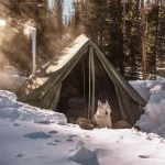 Winter tent in snowy conditions with stove and dog outside.