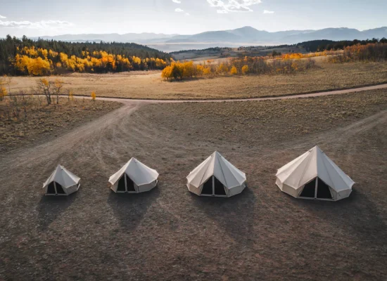 Yurt tents set up in an open field during autumn.