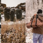 A collection of essential camping gifts, including a canvas tent, waterproof bags, a duffel bag, and an insulated bottle, perfect for new campers.