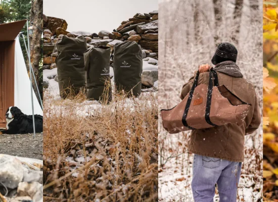 A collection of essential camping gifts, including a canvas tent, waterproof bags, a duffel bag, and an insulated bottle, perfect for new campers.