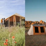 Different types of camping tents for 2025, including canvas wall tents, four-season tents, and family camping tents in outdoor settings.