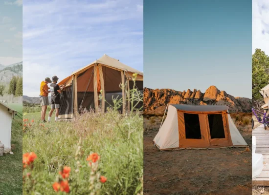 Different types of camping tents for 2025, including canvas wall tents, four-season tents, and family camping tents in outdoor settings.