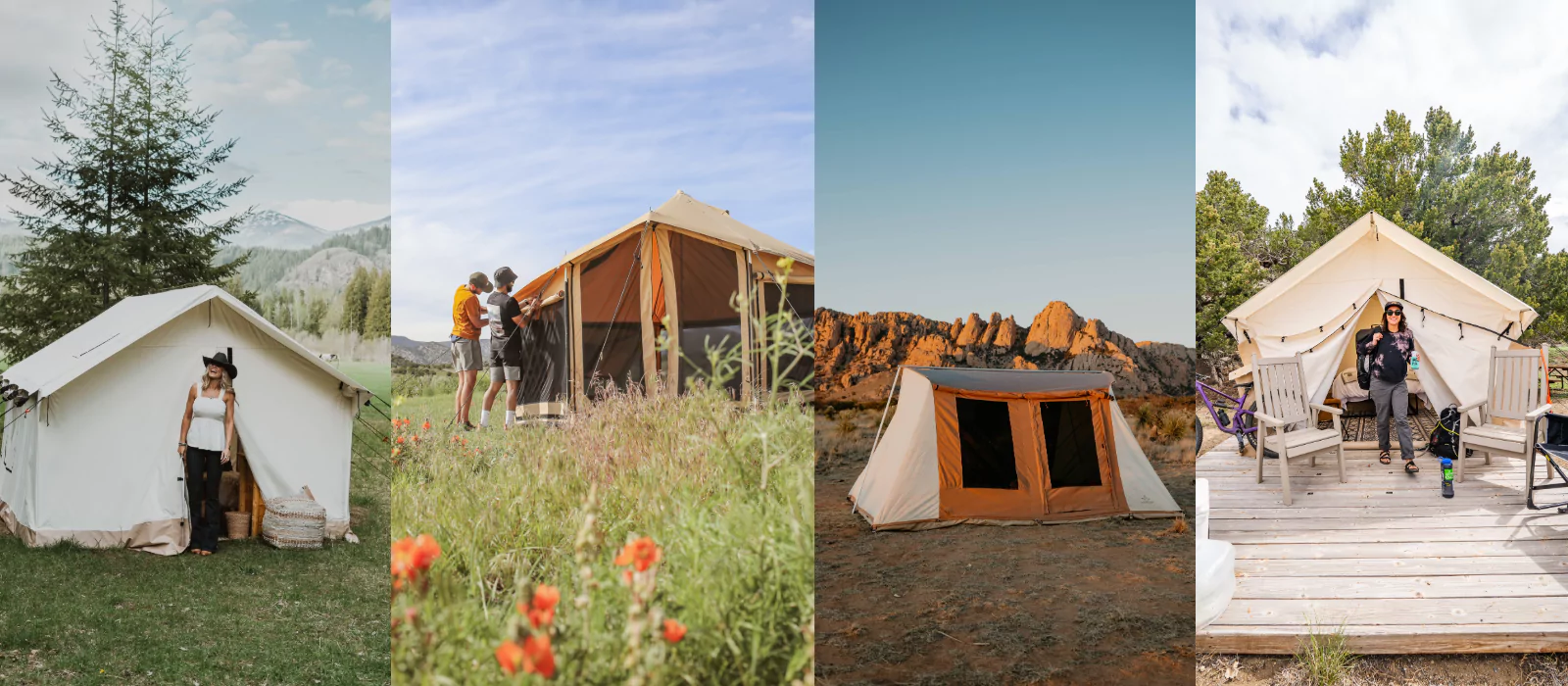 Different types of camping tents for 2025, including canvas wall tents, four-season tents, and family camping tents in outdoor settings.