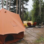 A canvas tent set up in a scenic forest during spring camping, surrounded by trees and essential camping gear