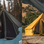 Woman standing by a winter tent with steam and snow around compared to a yellow summer tent set in a dry, rocky terrain.