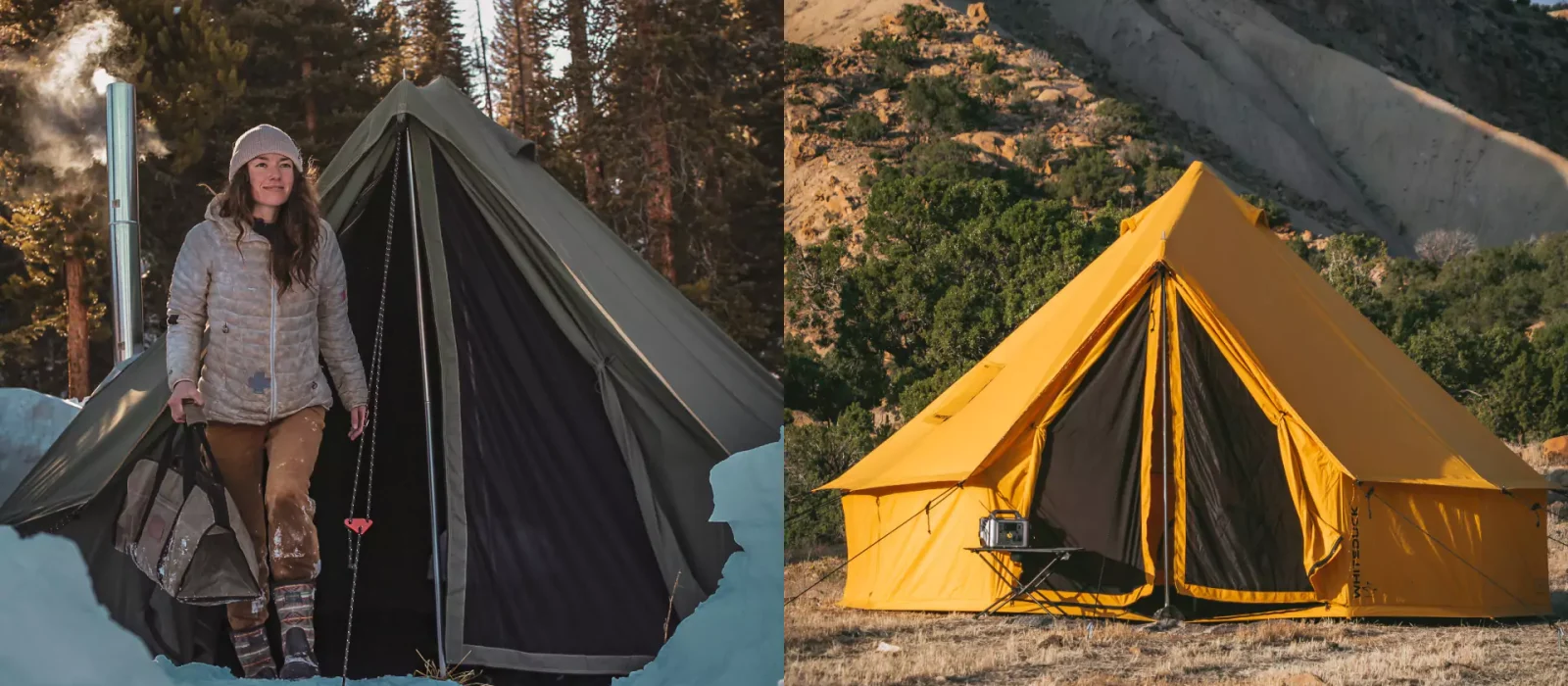 Woman standing by a winter tent with steam and snow around compared to a yellow summer tent set in a dry, rocky terrain.