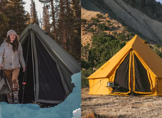 Woman standing by a winter tent with steam and snow around compared to a yellow summer tent set in a dry, rocky terrain.