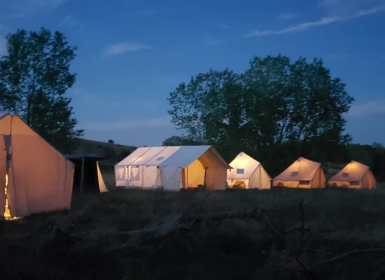 A scenic view of canvas tents illuminated from within at dusk, set in an outdoor campsite with trees and a darkening blue sky in the background.