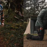 Man wearing tactical pants and flannel shirt hiking through forest; another man in jogger pants and rain jacket setting up at a spring campsite