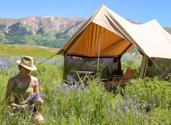Woman enjoying spring camping surrounded by wildflowers with a canvas tent and mountain views in the background.