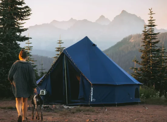 Woman and dog walking toward a tent at sunrise in a national park with mountain views