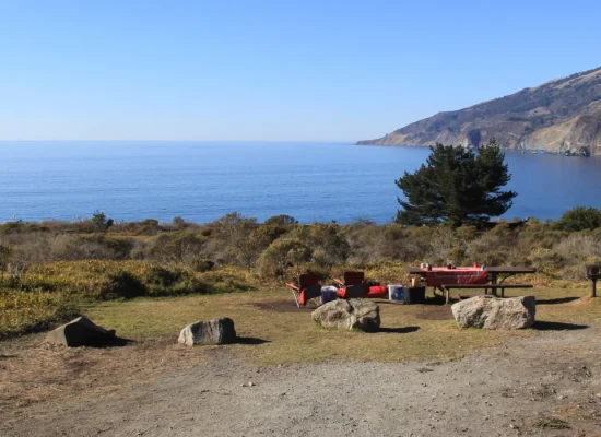 Oceanfront campsite at Northern California beach campground with picnic area and scenic coastal views