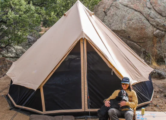 Person camping with their dog in front of a canvas tent surrounded by rocks and trees.