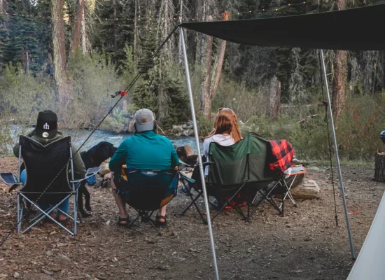 Group of friends relaxing in camping chairs near a lake, with a dog and a tent nearby, enjoying peaceful time by the water in the forest.