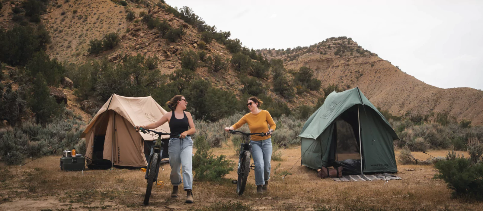 Two friends walking their bikes near tents at a scenic campsite surrounded by mountains and desert vegetation.