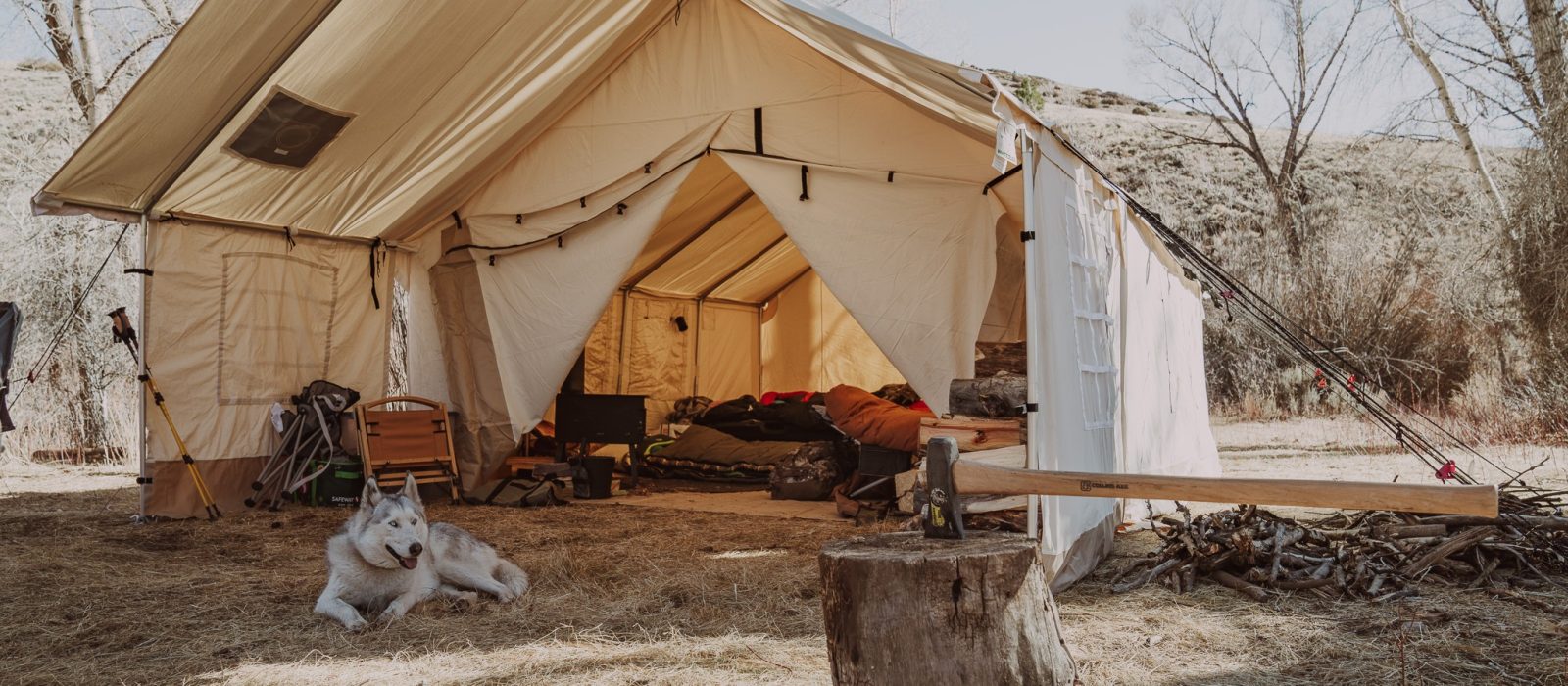 A wall tent set up in a natural outdoor setting, with camping gear, sleeping bags inside, a husky dog resting in front, and an axe in a tree stump.