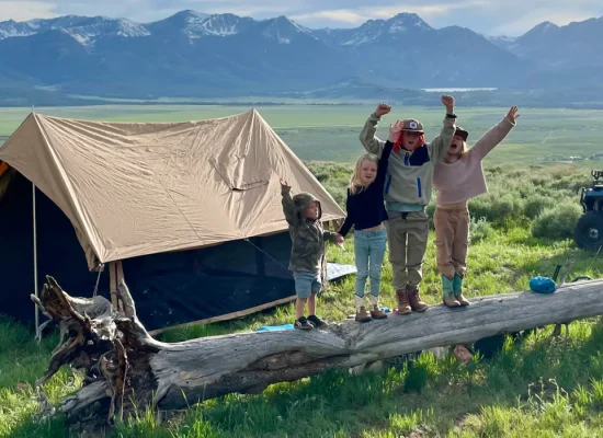 Kids camping trip with family tent in the mountains, children enjoying outdoor adventure in nature