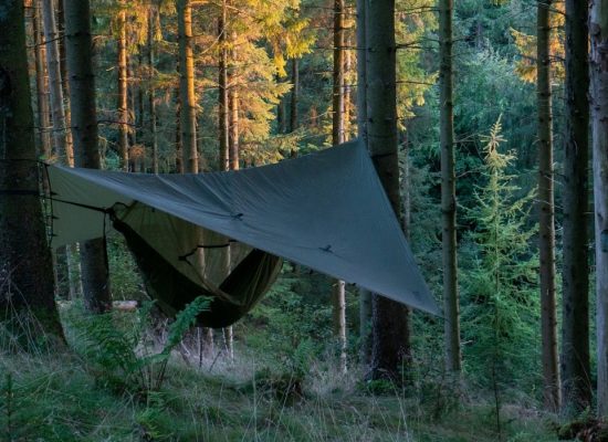 Camping hammock setup with a tarp shelter in a forest for outdoor protection and shade